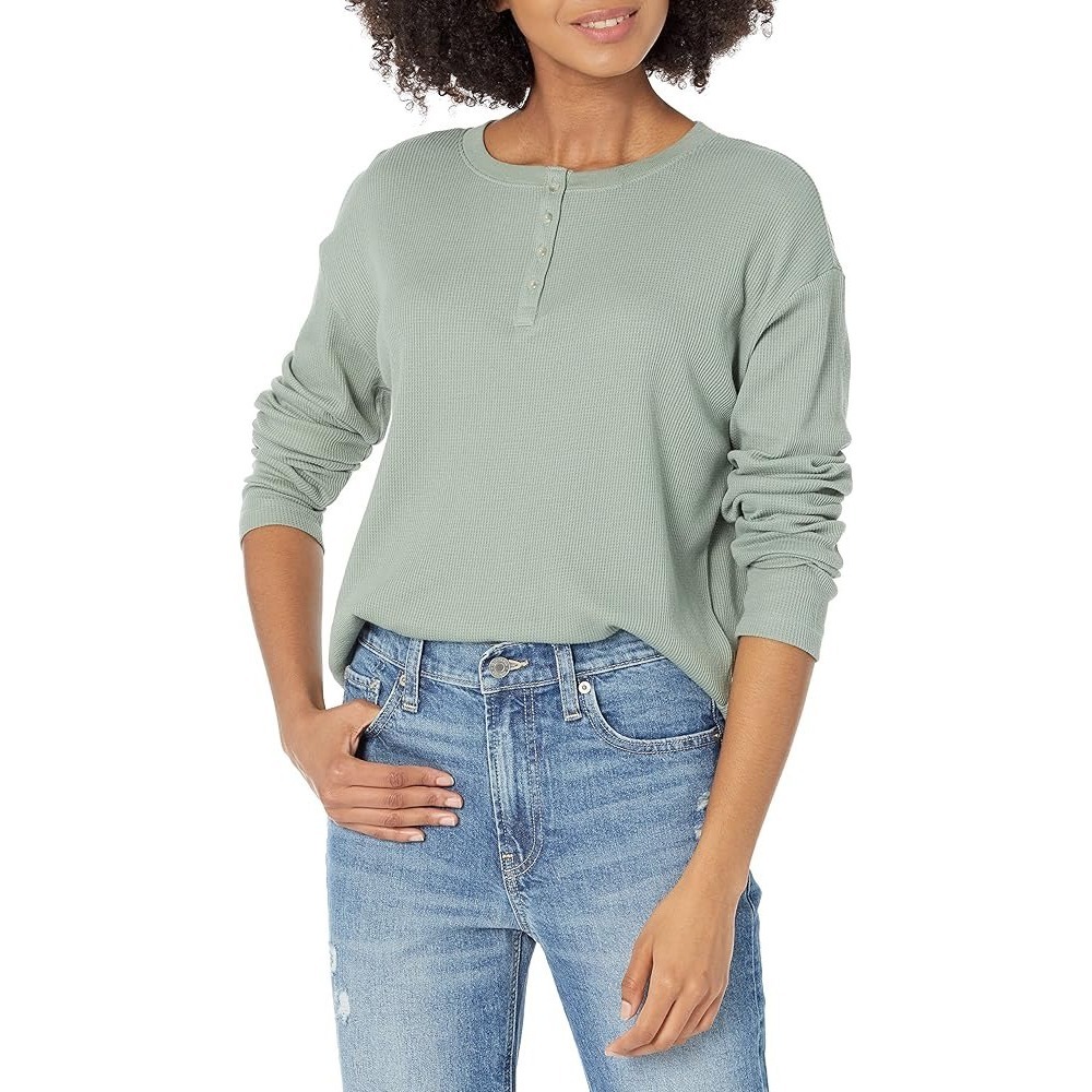 GAP Women's Gasoline Green Waffle Henley‎ XS Long Sleeve Top Minimalist Layering